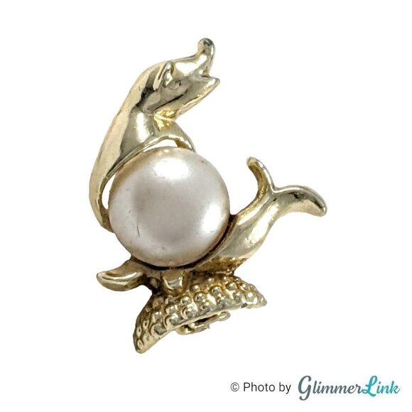 Vintage Seal Pinniped Faux Pearl Gold Tone Brooch Pin - Picture 2 of 8